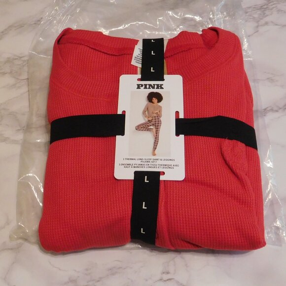 NWT 2pc Pink Victoria's Secret Red Plaid Thermal Pajamas sz Medium or Large - Picture 1 of 3